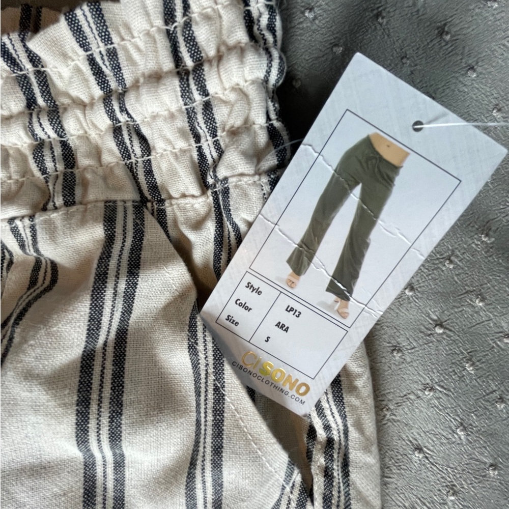 Ci Sono Cream & Black Striped Linen Elastic Waist Pants size S